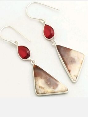 Polychrome Jasper, Garnet Gemstone 925 Sterling Silver Handmade Dangle Earrings